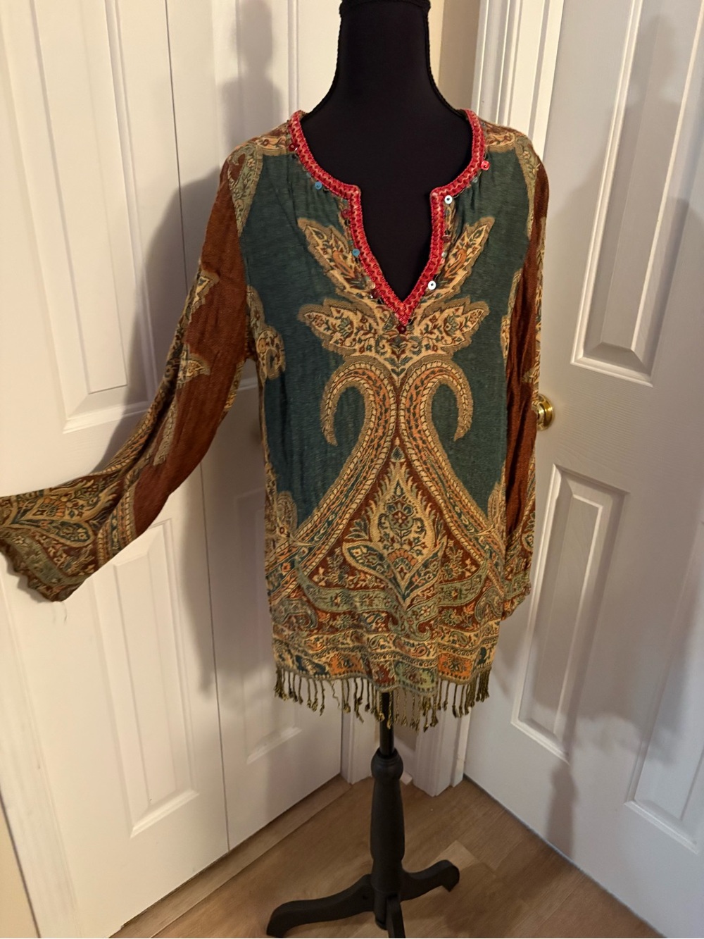 Soft Surroundings Green and Mustard Paisley Embroidered fringed Tunic